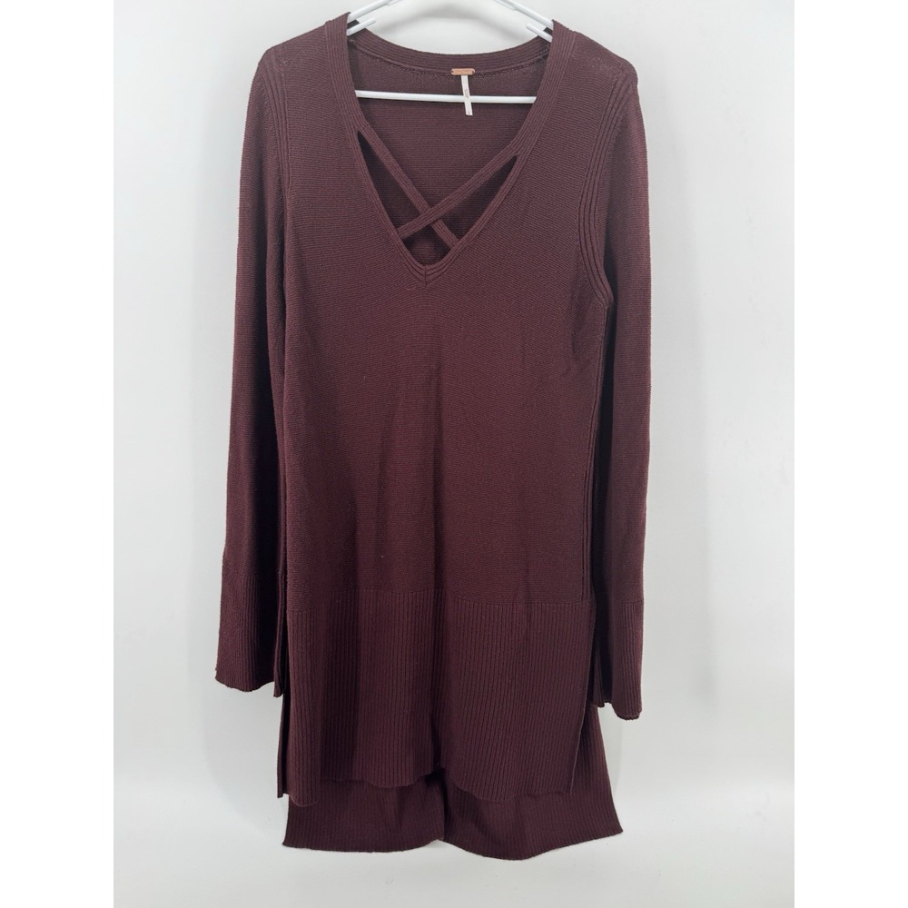 Free People Tunic Top Womens L Burgundy Oversized Beach Boho Ribbed Pullover